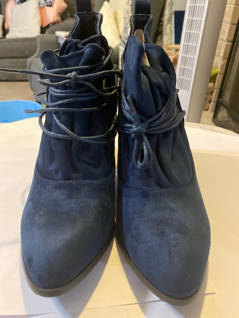 Women’s Suede Navy Lace-Up Ruched Ankle Booties